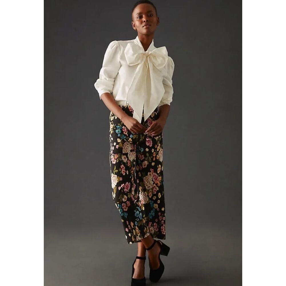 Anthropologie Maeve The Colette Cropped Wide Leg Floral Black Motif Pant Size 26